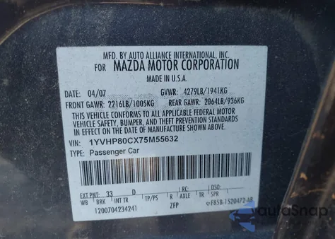 2007 Mazda Mazda6 I Sport Ve from USA, damaged, VIN 1YVHP80CX75M55632